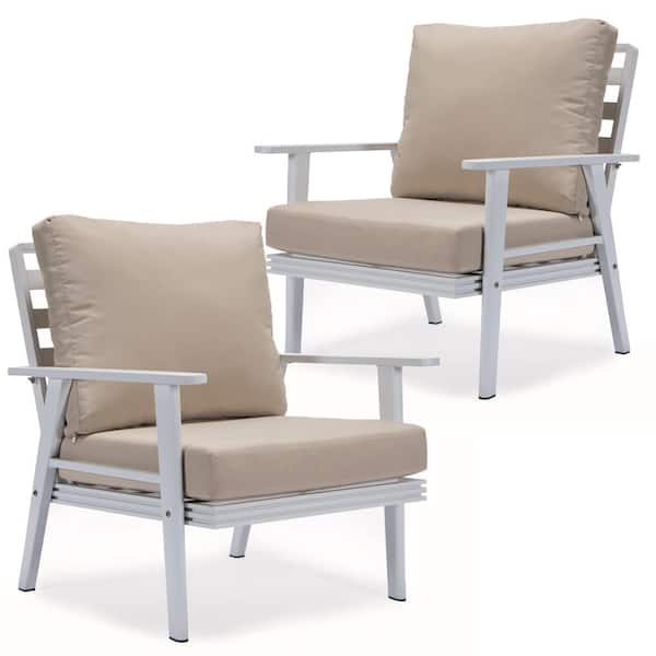 Leisuremod Walbrooke Modern White Aluminum Outdoor Arm Chair with Powder Coated Frame and Removable Cushions in. Beige (Set of 2)