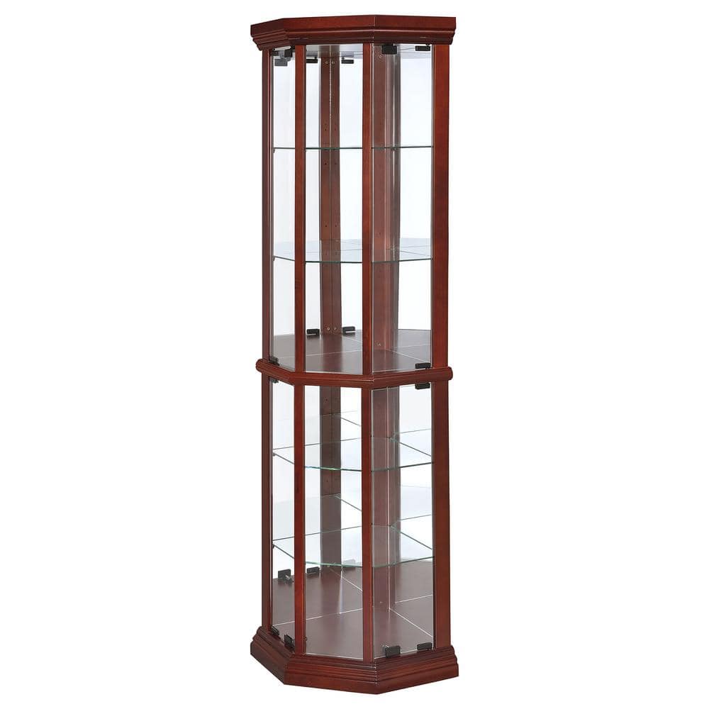 Medium Brown Lighted Corner Curio Cabinet with Glass Shelves