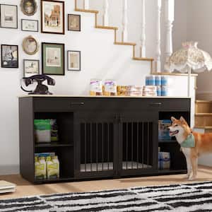Modern Large Wooden Dog Kennel Furniture Storage Cabinet, Pet Dog Cage with 2 Drawers and Storage Shelf for Dogs, Black