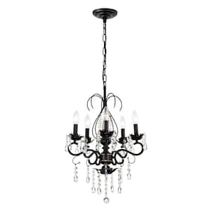 5 Light Matte Black Classic Vinatge Crystal Candle Chandelier with Adjustable Height for Living Room, No Bulbs Included