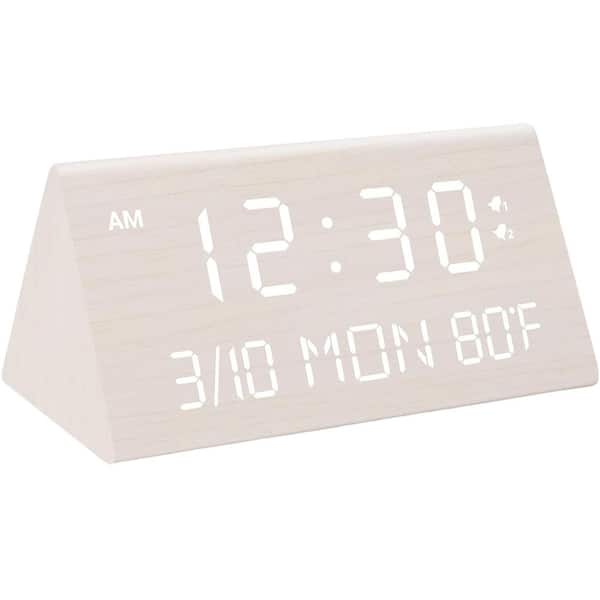 Afoxsos Wooden White Digital Alarm Desk Clock 2 Alarm Setting 0-100% Dimmer Temperature and Date Display for Office and Bedroom