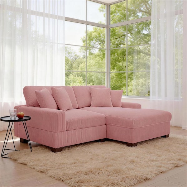 83.4 in. W Square Arm 2-Piece Corduroy Fabric L-Shaped Modern Sectional Sofa in Pink with Four Pillows