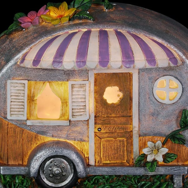Weather Resistant & Hand-Painted Garden Decor Exhart Solar Vintage Trailer Welcome Sign Garden Statue w/Acorn Fairy House 9 x 5.5 x 9.5 Outdoor Décor for Patio Solar Powered LED Lights 