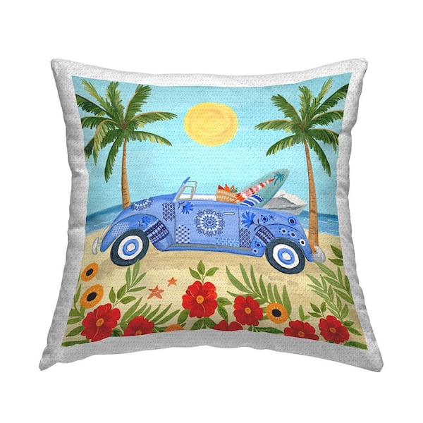 Stupell Industries Summer Beach Car Between Palms Blue Square Outdoor Throw Pillow