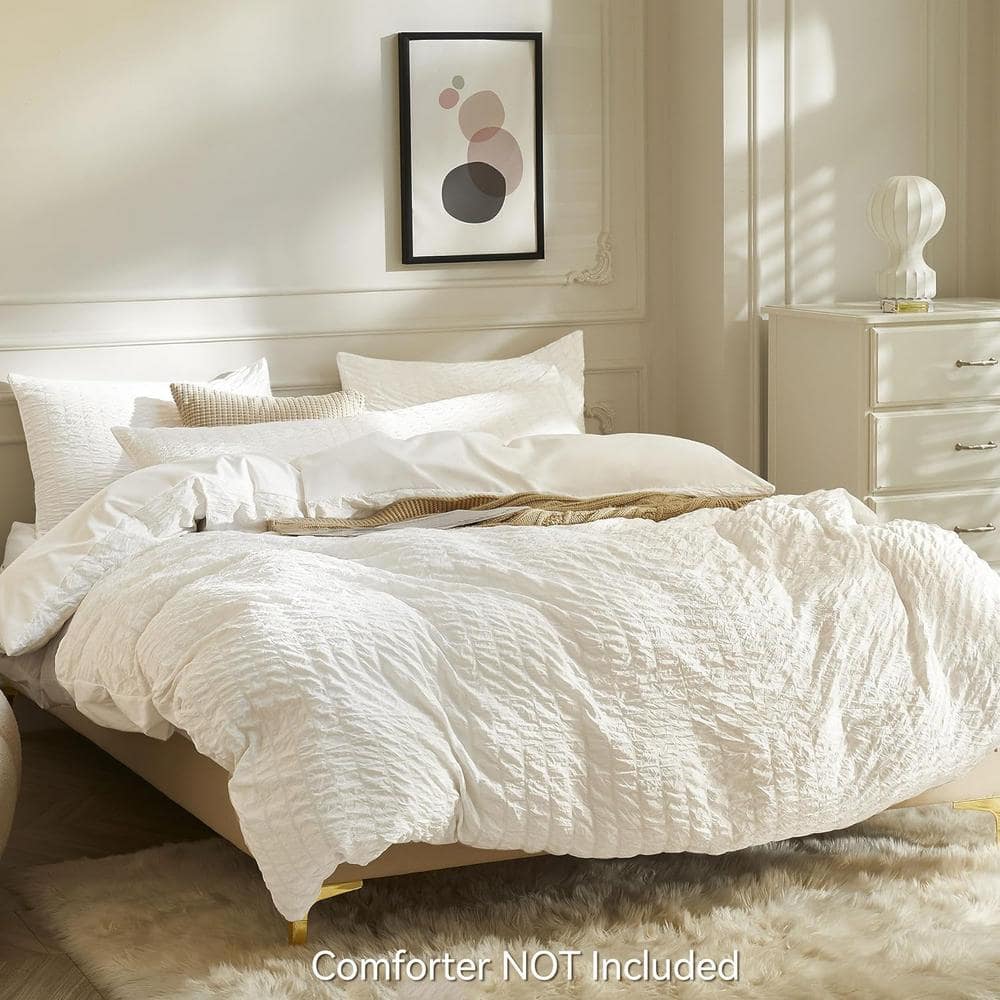 White Seersucker Queen Microfiber Duvet Cover Set, 3-Piece