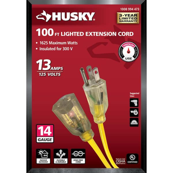 14/3 Gauge, 100 ft SJTW w/ Lighted End Contractor Grade Extension Cord,  UL/ETL Listed