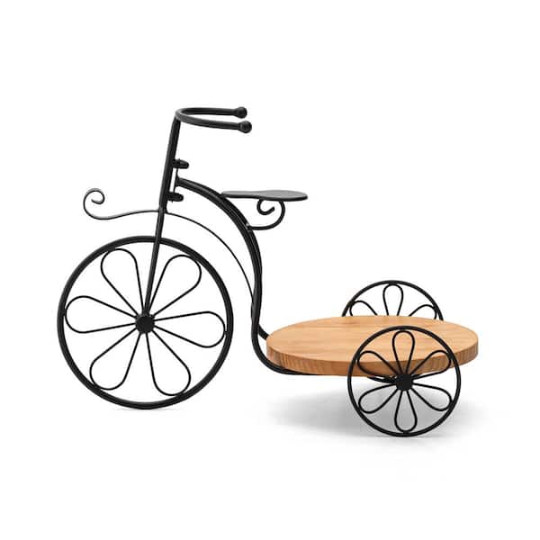 Glitzhome 13 in. H Black Metal Tricycle Planter Stand with Natural Solid Wood Tray Kits and Accessories