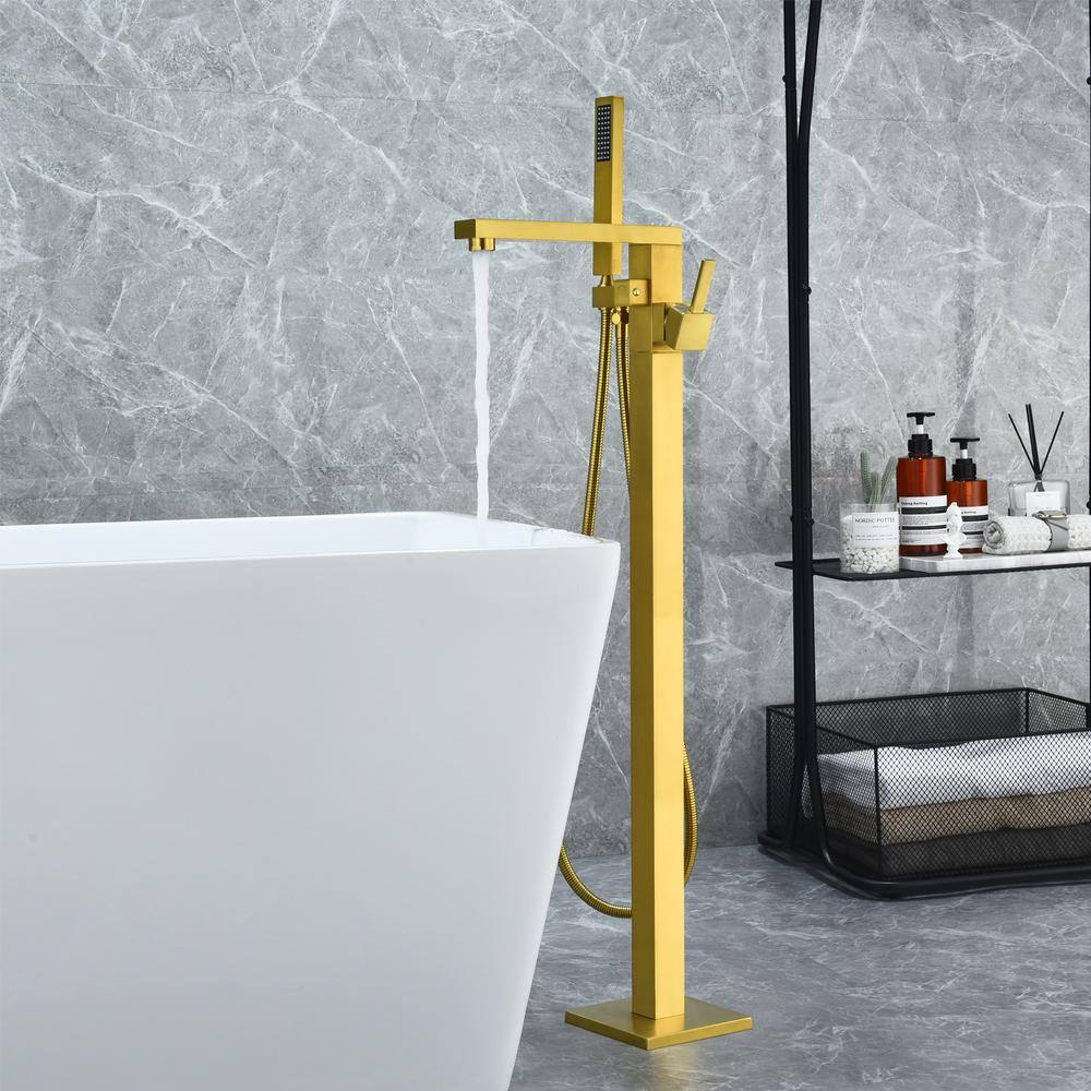 Brushed Gold Stainless Steel Freestanding Tub Filler with Handshower