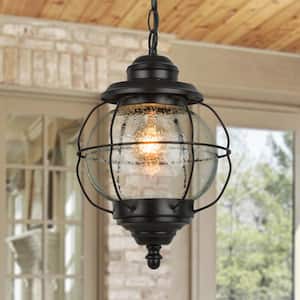 1-Light Black Modern Globe Cage Outdoor Pendant Light Coastal Lantern Patio Island Pendant Light with Seeded Glass Shade
