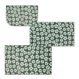 Simple Floral Aqua 2 ft. 6 in. x 4 ft. 2 in. Kitchen Mat 3-Piece Set