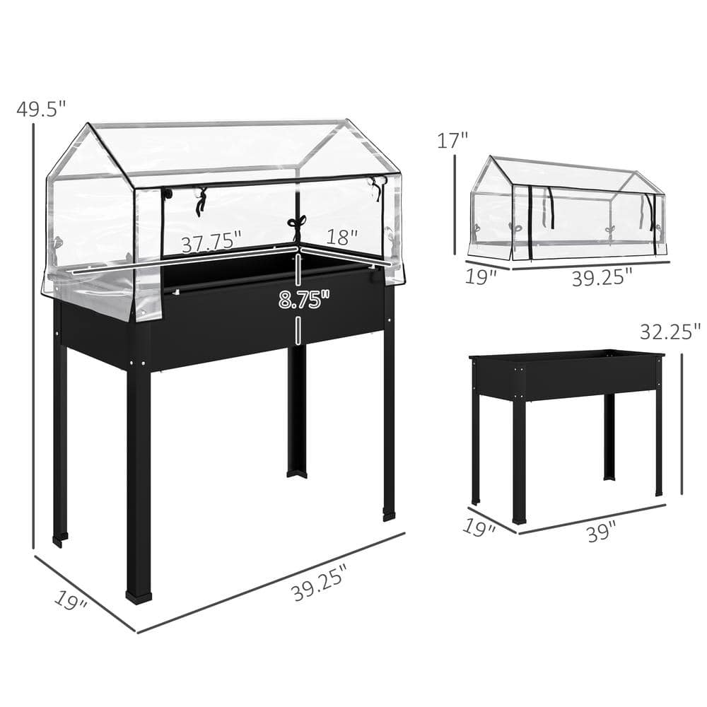 Black Steel Raised Garden Bed with Clear Greenhouse Cover