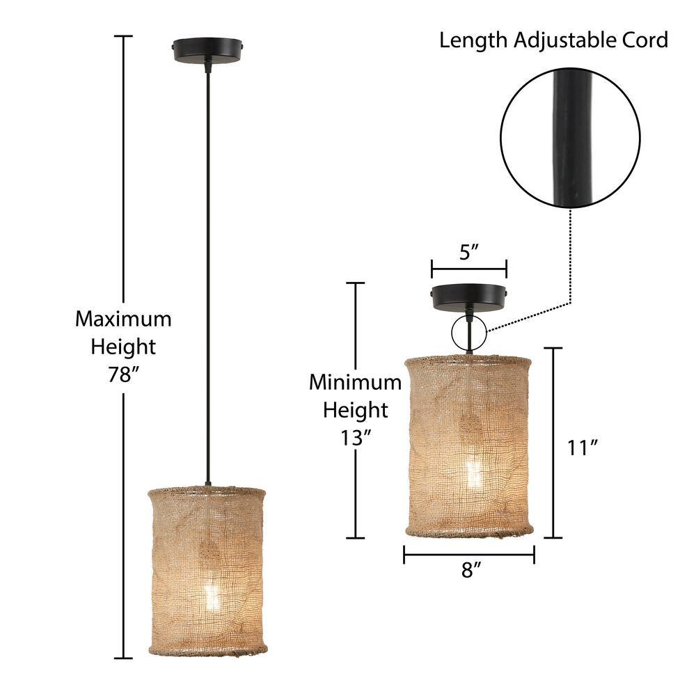 Tan Jute and Black Metal Cylinder Pendant Light