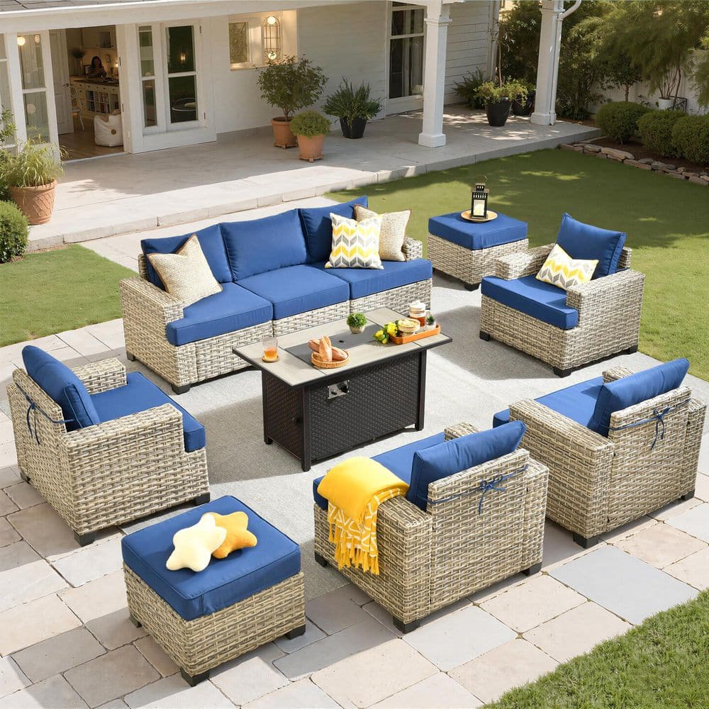Hilarious 10 Pieces Wicker Outdoor Patio 42. in Rectangular Fire Pit Set with Navy Blue Cushions price history on PriceWatchPro