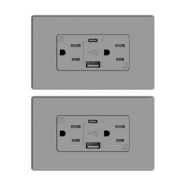 15 Amp Tamper Resistant Duplex USB Charger Wall Outlet with Wall Plate and USB A and USB C Ports-NEMA 5-15R, 2-Pack