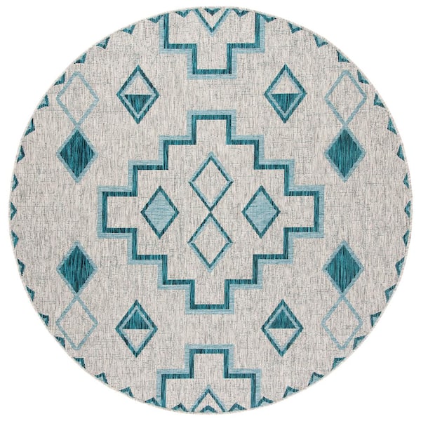SAFAVIEH Courtyard Gray/Teal 7 ft. x 7 ft. Round Geometric Indoor/Outdoor Patio  Area Rug