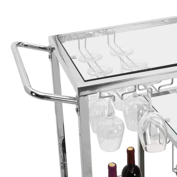 Cart Tier Trolley Serving Utility Wine Bottle Bar Tempered Glass Chrome Frame 