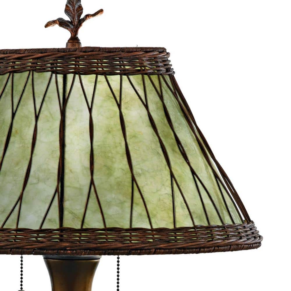 Bronze Table Lamp with Green Mica Shade and Wicker Overlay