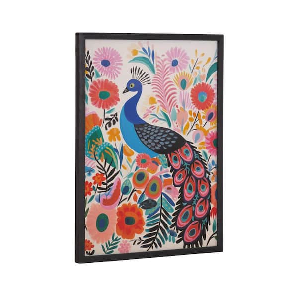 Kate and Laurel Gallery Bright Colorful Boho Peacock and Botanicals by the Creative Bunch Studio Black Framed Art Print 12 in. x 16 in.