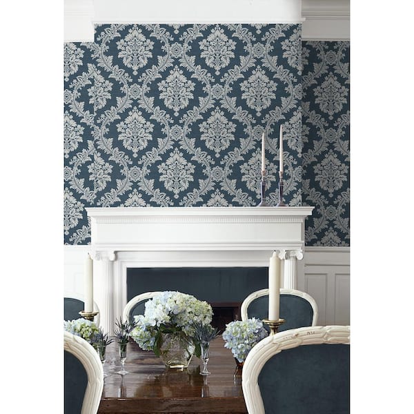 40.5 sq. ft. Denim Blue Seaside Damask Vinyl Peel and Stick Wallpaper Roll