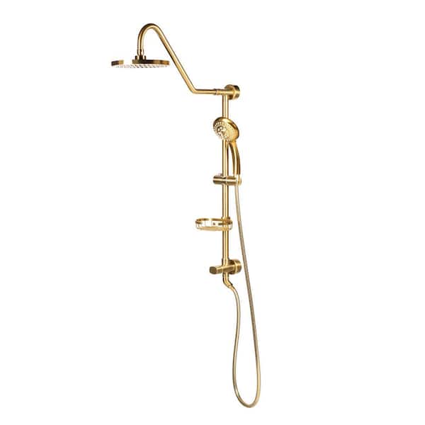 PULSE Showerspas Kauai 5-Spray Settings 8 in. Wall Mount Dual Fixed and Handheld Shower Head 1.8 GPM in Brushed Gold