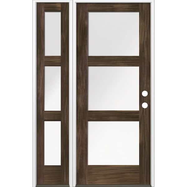 Krosswood Doors 50 in. x 80 in. Modern Hemlock 3-Lite Left-Hand/Inswing Satin Glass Black Stain Wood Prehung Front Door