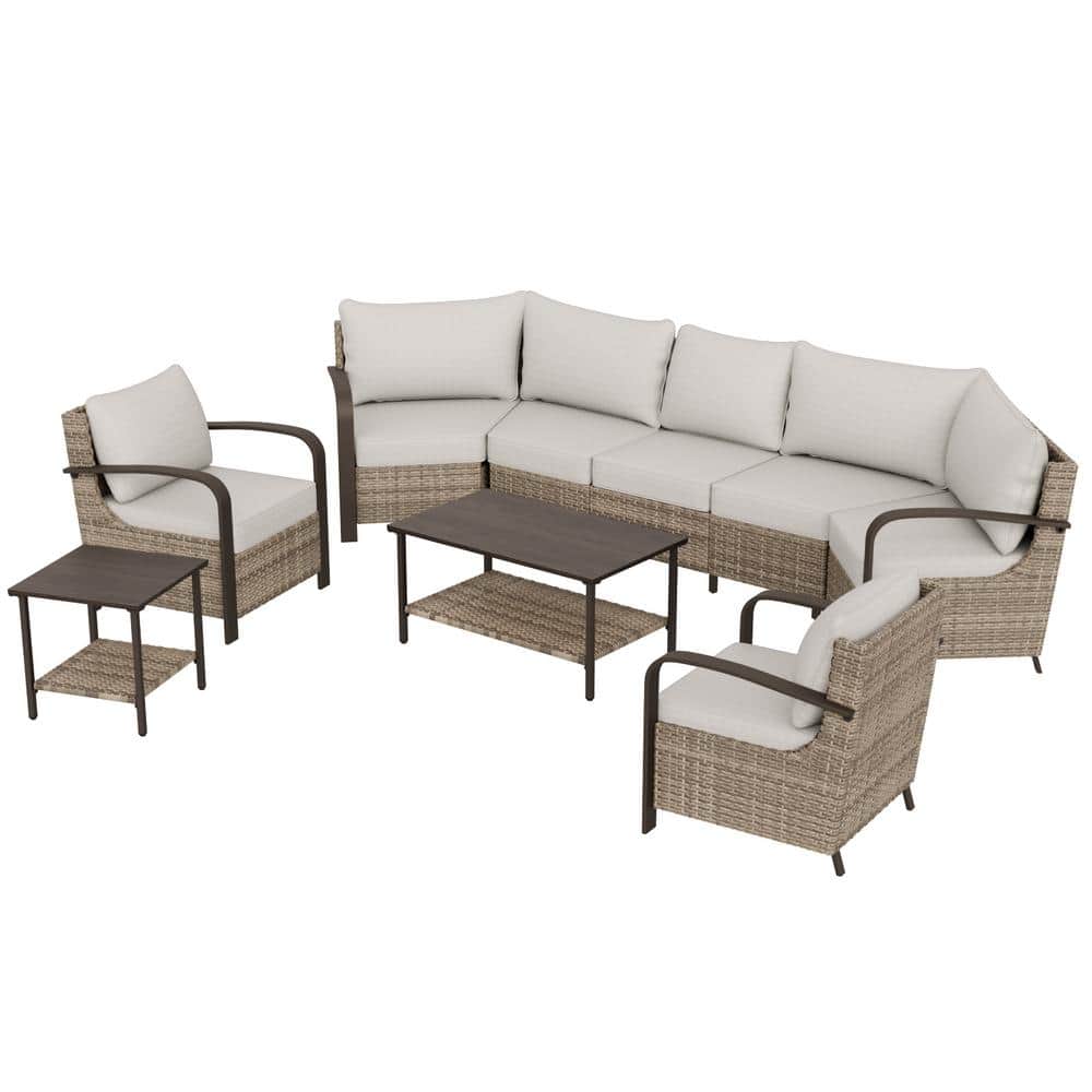 Beige and Brown Steel 7-Person Outdoor Sectional Sofa Set