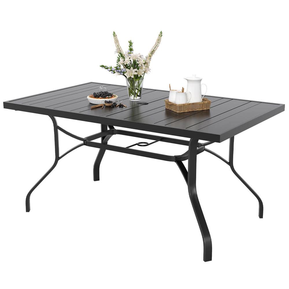 los angeles metal umbrella patio tables Flash Furniture Tory Commercial Grade Table with Tempered Glass Top with Hole and Steel Tube Frame, Clear Top/Black Frame automatic patio umbrella with 320 GSM fabric Enlarged Outdoor Metal Square Patio