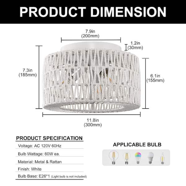 YANSUN 11.8 in. 3-Light White Rattan Semi-Flush Mount Ceiling Light with Hand-Woven Shade for Hallway or Bedroom - image 3