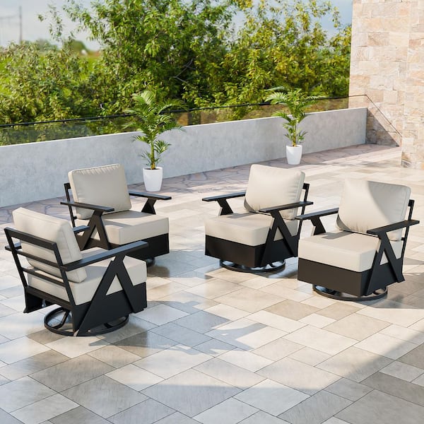 All-Weather Aluminum Outdoor Rocking Chair Patio Swivel Glider Chair with Beige Cushions (4-Pack)