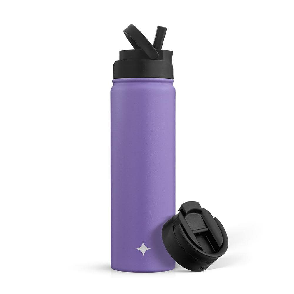JoyJolt 22 oz. Purple Vacuum Insulated Stainless Steel Water Bottle with Flip Lid and Sport Straw Lid