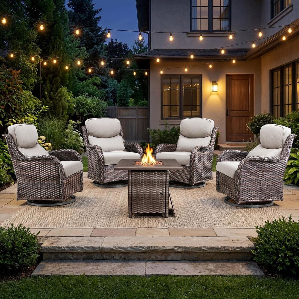 Sialion 5-Piece Wicker Patio Conversation Set with Fire Pit, Outdoor Swivel Furniture Sets with 5 in. Cushions in Beige price history on PriceWatchPro