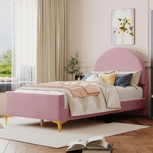Harper & Bright Designs Pink Wood Frame Twin Size Upholstered Velvet Platform Bed with 2-Metal Legs and Semi-Circular Headboard