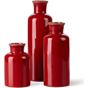 Ceramic Rustic Vintage Vase with 3 Piece Set of Glazed Decorative Vase Table for Table, Fireplace Decor, Living Room,Red