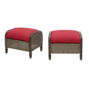 Windsor Brown Wicker Outdoor Patio Ottoman with CushionGuard Chili Red Cushions (2-Pack)
