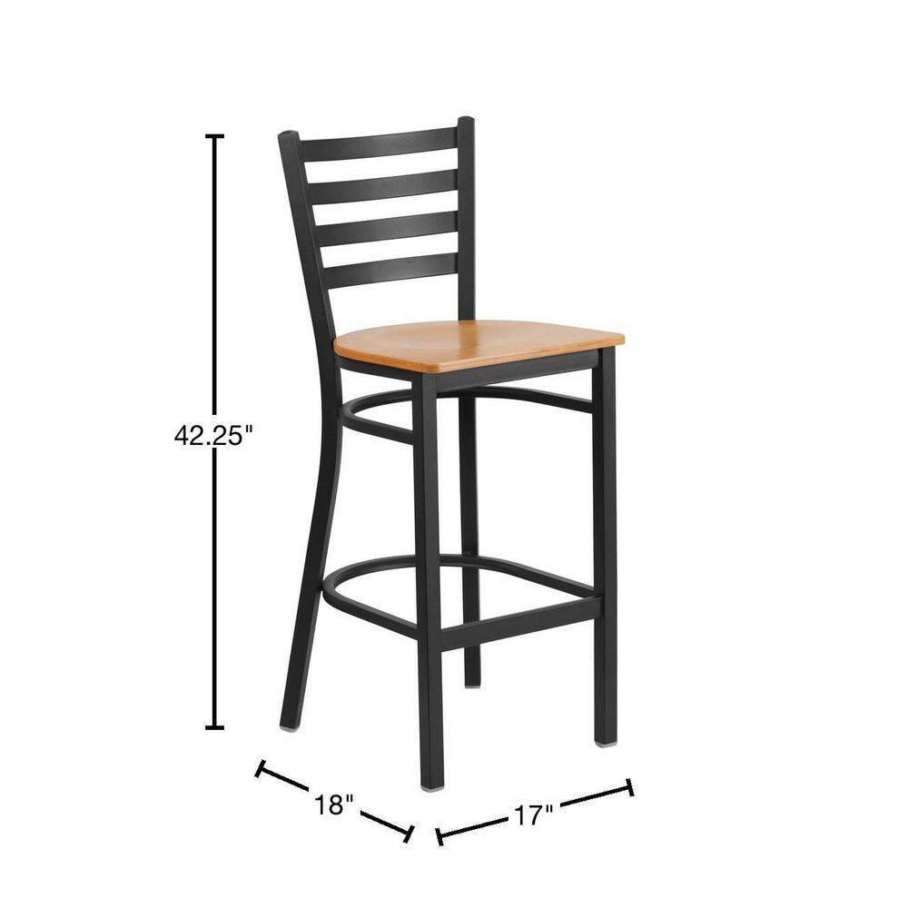 Black Metal Ladder Back Barstool with Natural Wood Seat