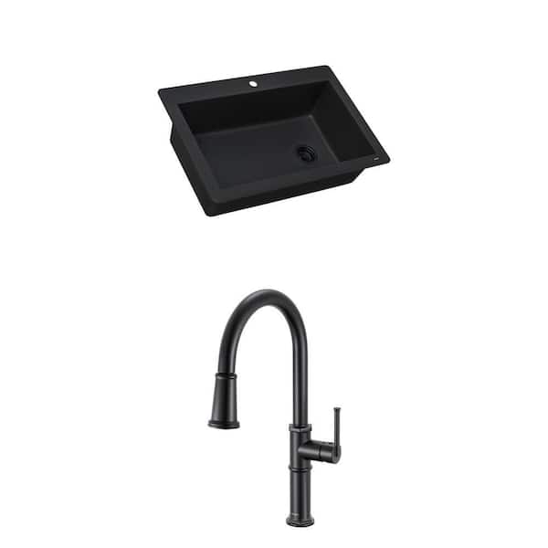 Idris Matte Black Kitchen Faucet and 33 in. Midnight Black Granite Composite Sink Combo