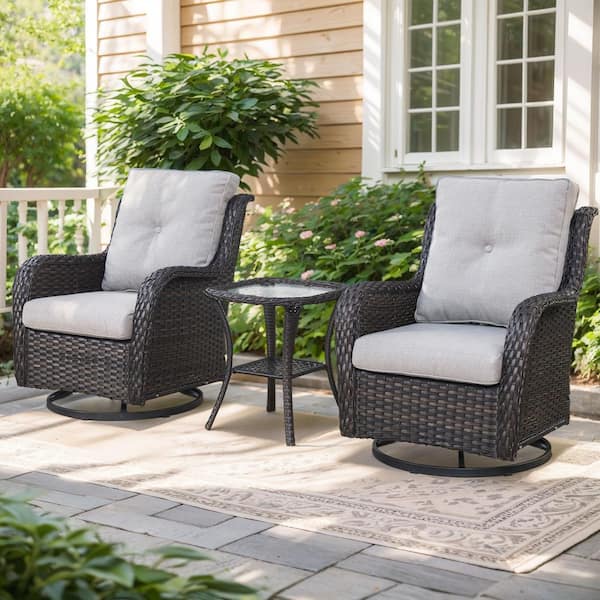 moosprr Arcline 3-Piece Brown Wicker Patio Conversation Set with Olefin Beige Cushions and Swivel Gliders/Side Tables