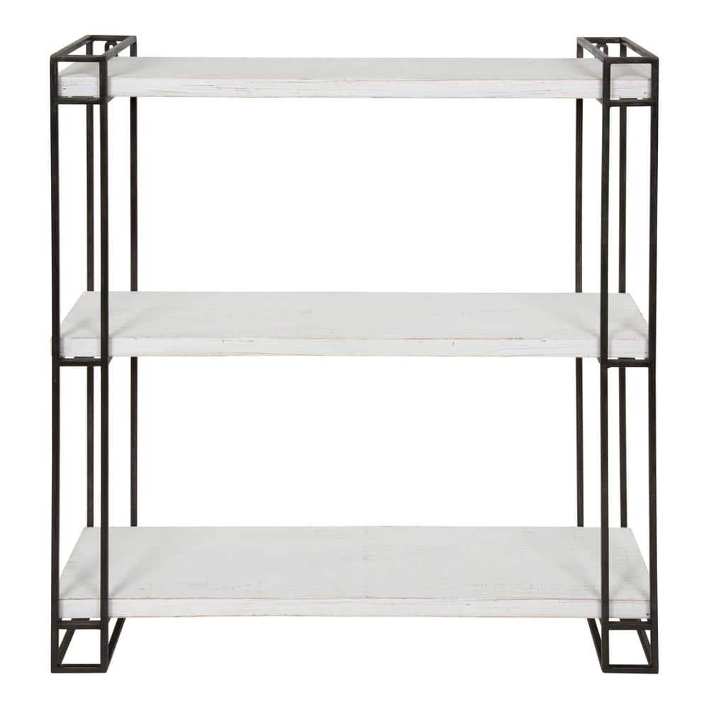 Rustic Coastal Black Metal and Wood Floating Wall Shelf