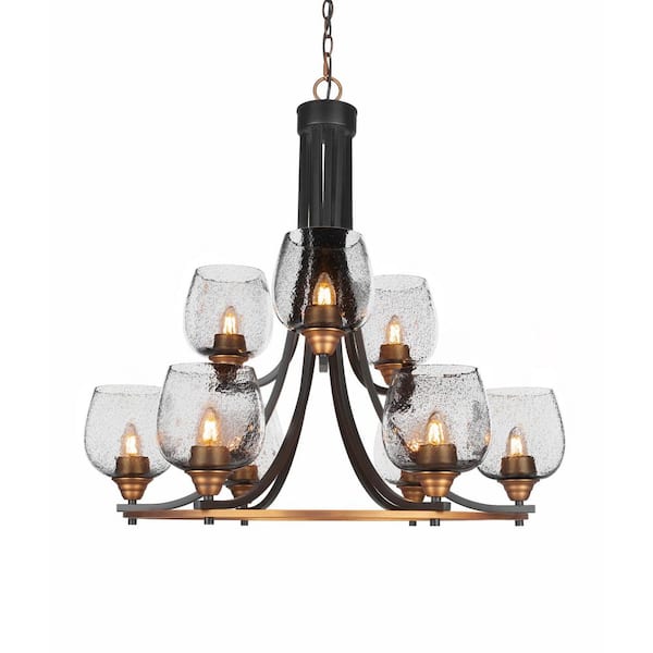 Unbranded Madison 9-Light Matte Black and Brass Round Chandelier with 6 in. Smoke Bubble Glass Shades, No bulbs included