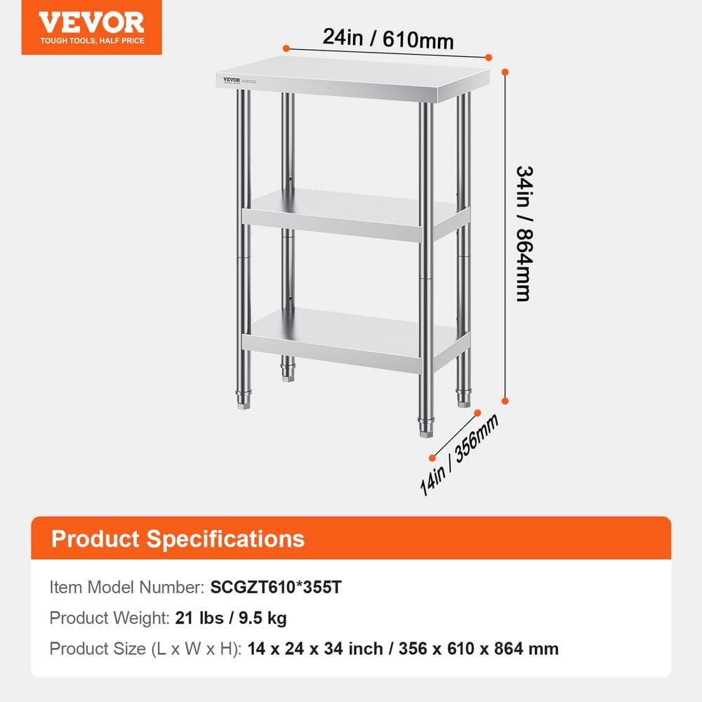 Compact Stainless Steel 3-Tier Kitchen Work Table