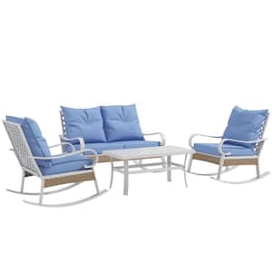 4-Piece Wicker Patio Conversation Set with Light Blue Cushions