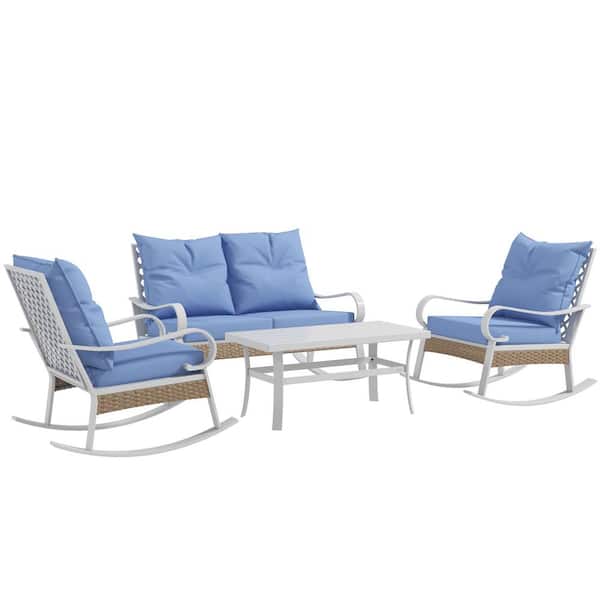 Outsunny 4-Piece Wicker Patio Conversation Set with Light Blue Cushions