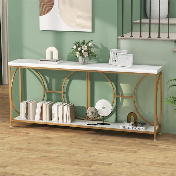 HONEY JOY 71 in. White Rectangle Wood Top 2-Tier Console Table Extra-Long Sofa Table with Storage Shelf Geometric Frame
