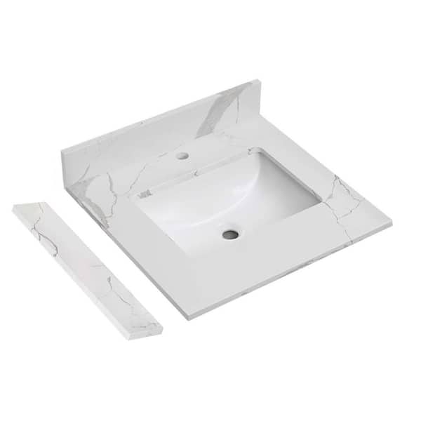 Carrara Luna 24 in. W x 22 in. D Quartz White Rectangular Single Sink Bathroom Vanity Top in Calacatta River