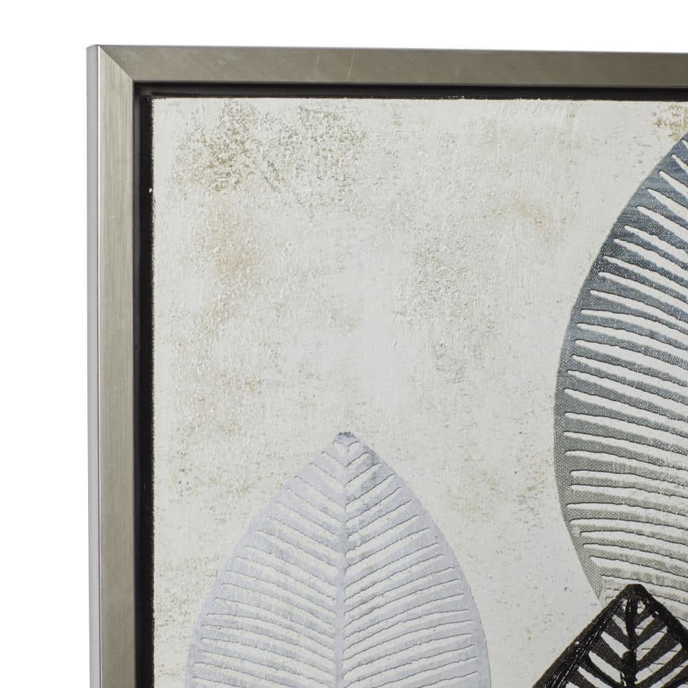 55" x 27" Black and White Leaf Canvas Wall Art with Silver Frame