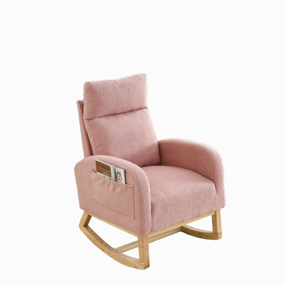 Pink Modern Accent High Backrest Wood Outdoor Rocking Chair with 2 Side Poc