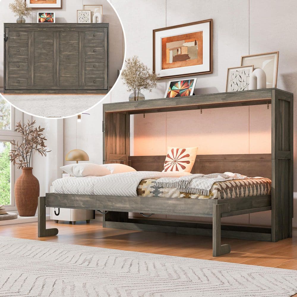 Brown Wood Frame Twin Size Murphy Bed Cabinet Bed with 7-Colors LED Light price history on PriceWatchPro