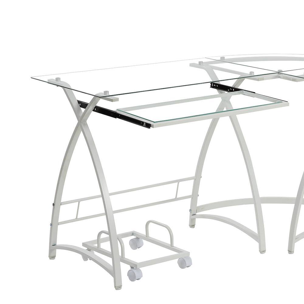 White L-Shaped Glass Computer Desk with Keyboard Tray