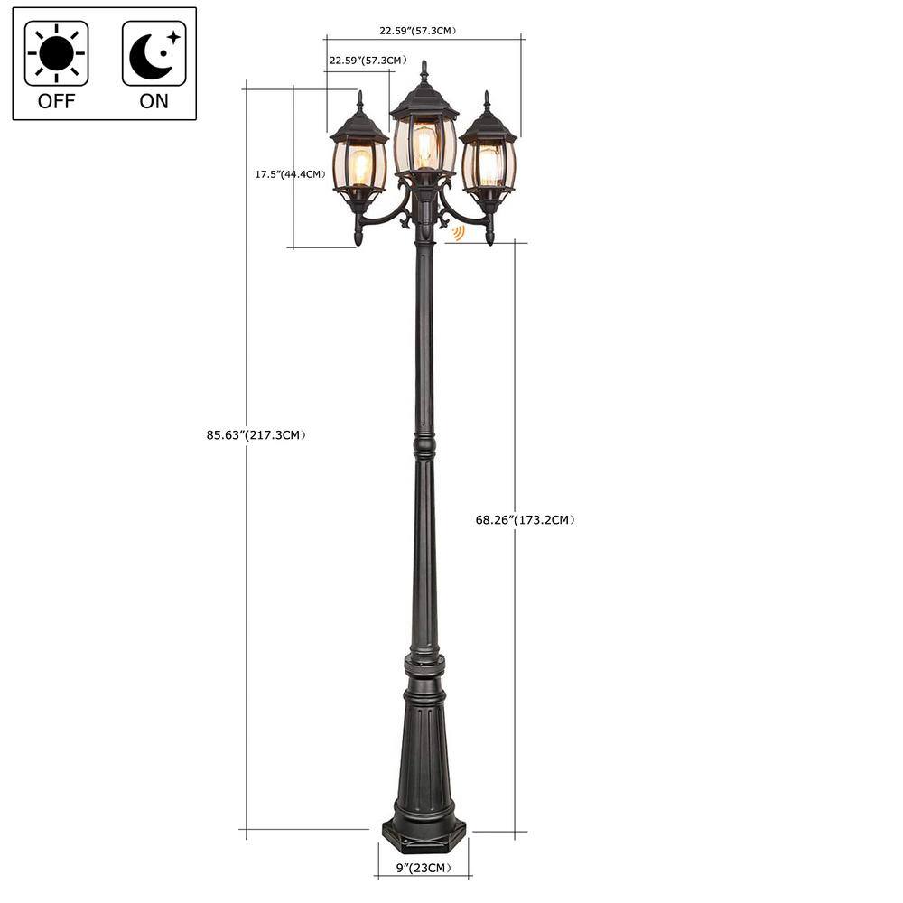 Matte Black 3-Light Outdoor Lamp Post with Clear Glass