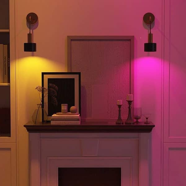 1-Light Black and Gold RGB Wireless Battery Powered Wall Sconce with Dimmable Detachable Bulbs and Remote (2-Pack)